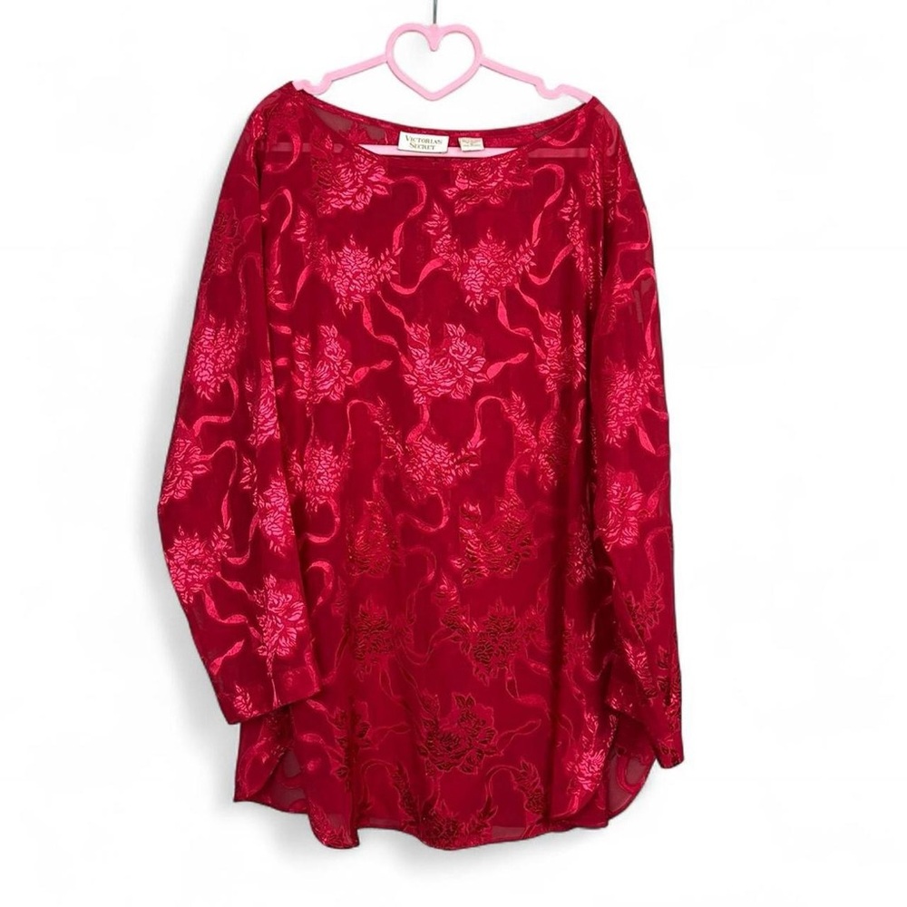 Victoria's Secret vintage red sheer floral jacquard long-sleeve sleep shirt